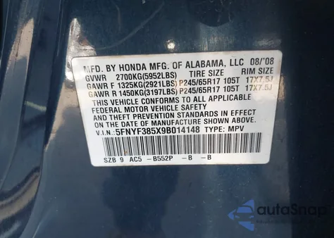 2009 Honda Pilot Ex-L из США, поврежденный, VIN 5FNYF385X9B014148